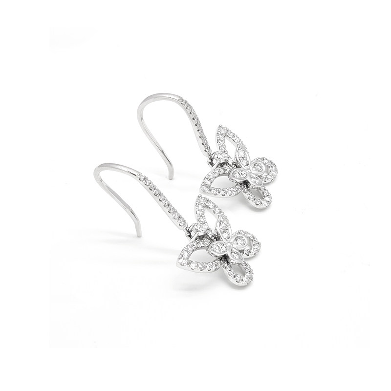 Overlapping Butterfly Frame Full Pave Lab Diamond Drop Earrings With Half Pave French Hook left side view