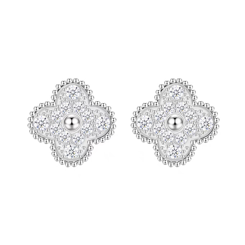 Full Pave Four-Leaf Clover Motif Milgrain Bezel Lab Diamond Stud Earring