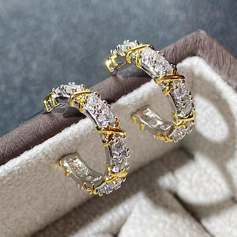 Dual Tonw Full Pave Ethical Lab Cultured Diamond Huggie With Alternating X Knot