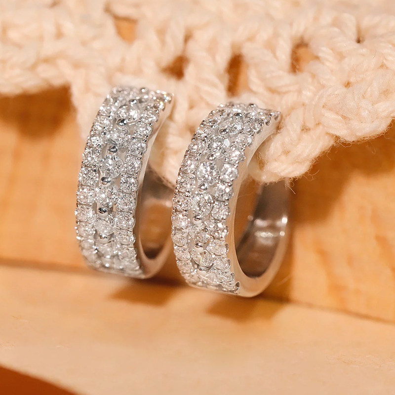Triple Row Pave Center Hollow Man Made Diamond White Gold Huggie
