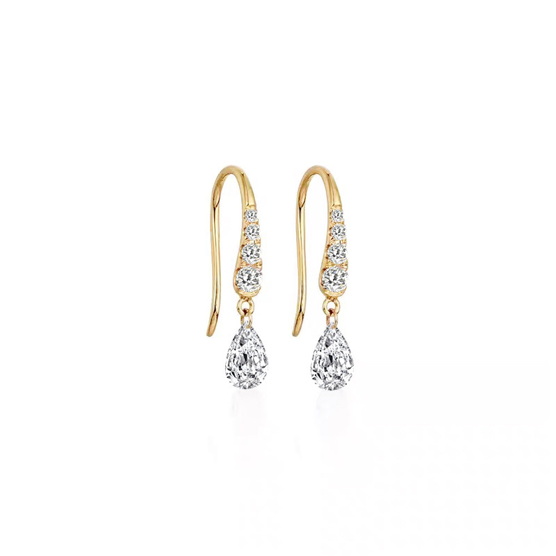 Pierced Pear Cut Ethical Lab Diamond Drop Half Pave Fish Hook Earrings in yellow gold