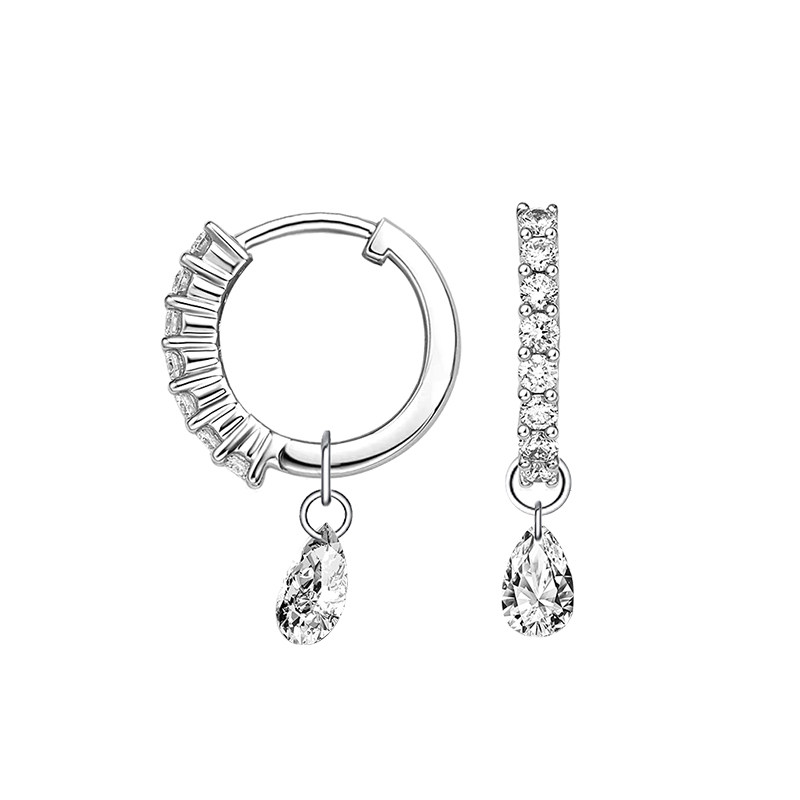 Solitaire Pierced Pear Cut Stone Drop Half Pave White Gold Huggie Earring