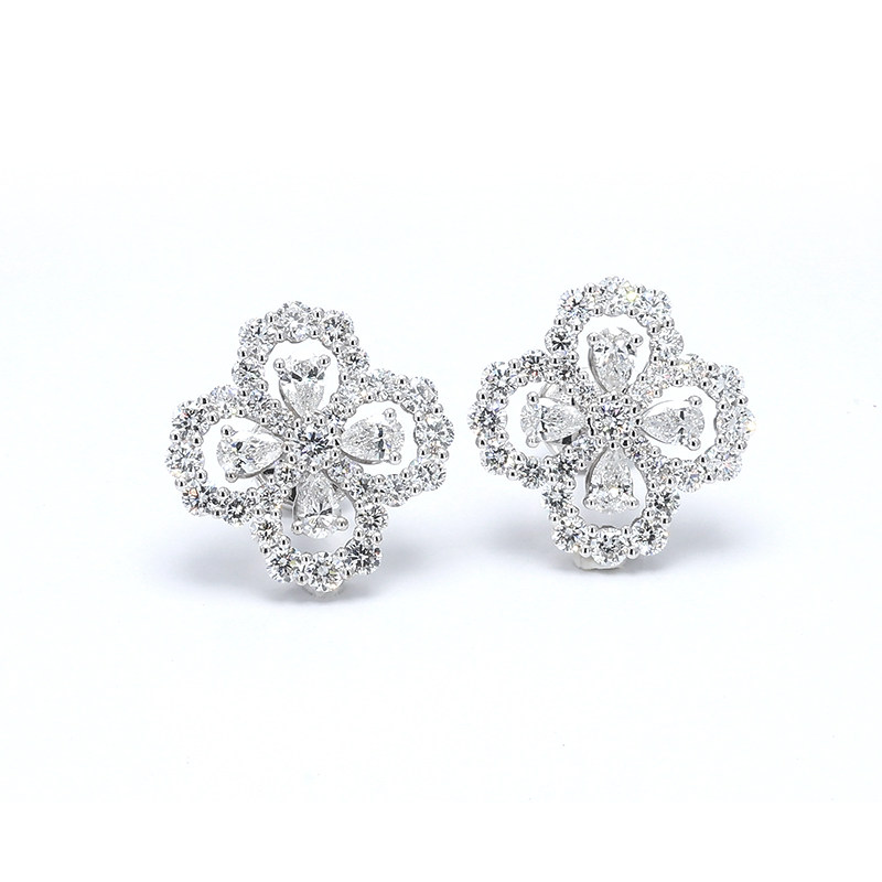 Art Deco Open Hollow Four-Leaf Clover Frame Pave Lab Diamond Stud