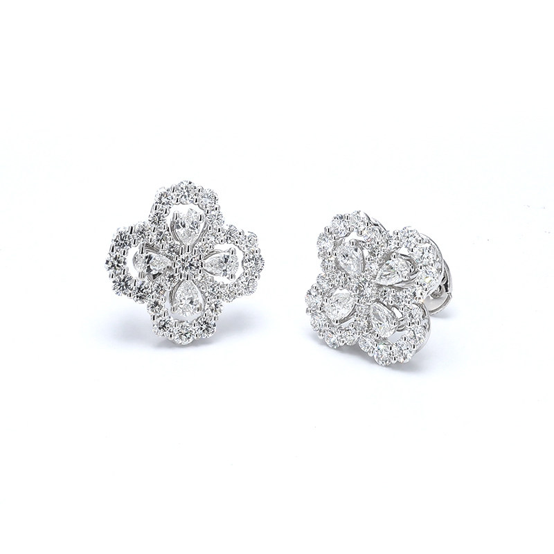 Art Deco Open Hollow Four-Leaf Clover Frame Pave Lab Diamond Stud close up
