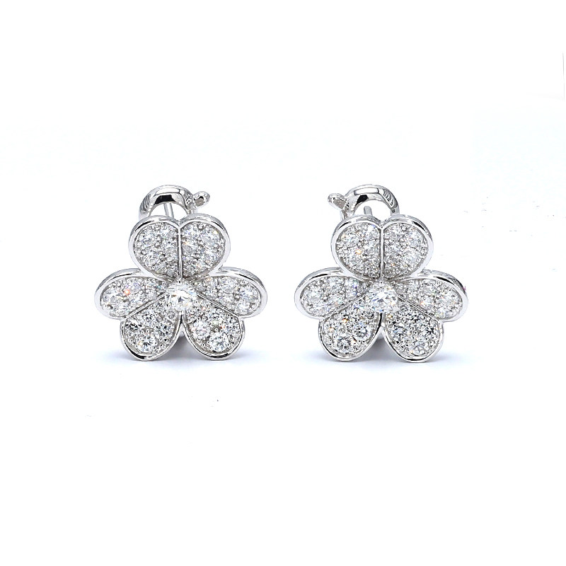 Three-Leaf Clover Full Pave Bezel Diamond White Gold Stud close up