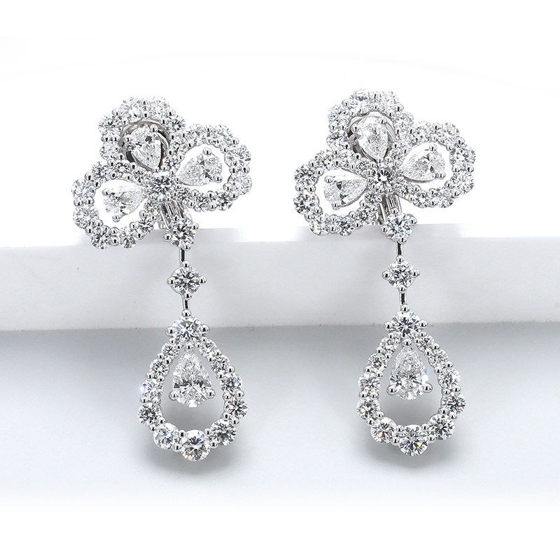 Three-Petal Floral Pear Halo Layered Drop Lab Diamond Earrings