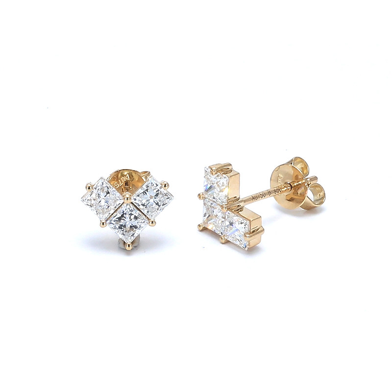 Heart Motif 3 Princess Cut Shared Prong Lab Cultured Diamond Stud Earring