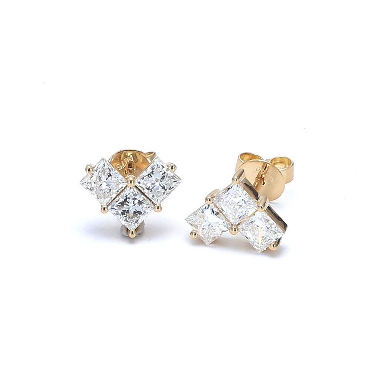 Heart Motif 3 Princess Cut Shared Prong Lab Cultured Diamond Stud Earring close up