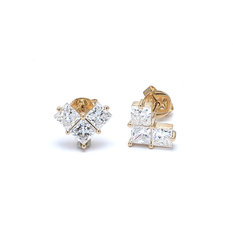Heart Motif 3 Princess Cut Shared Prong Lab Cultured Diamond Stud Earring front view