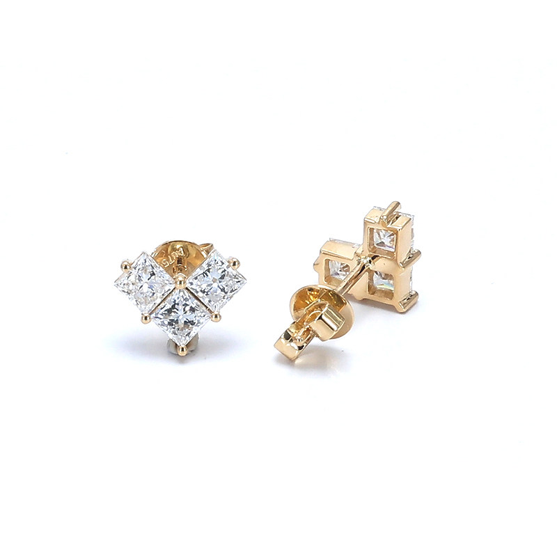 Heart Motif 3 Princess Cut Shared Prong Lab Cultured Diamond Stud Earring in yellow gold