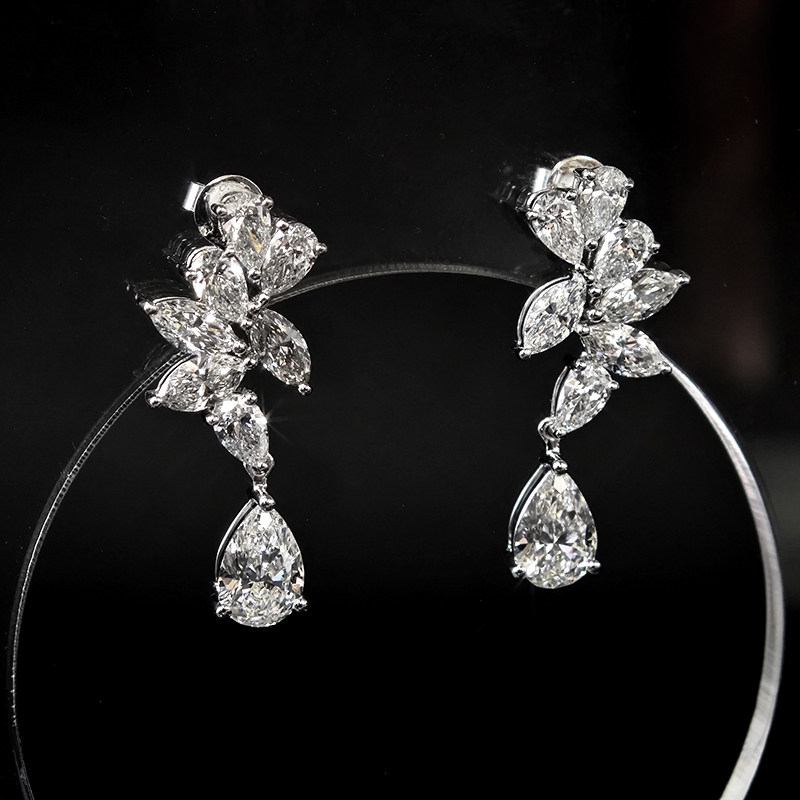 Leaf Inspired Multi Pear Cut &amp; Marquise Cut Stone Cluster Man Made Diamond Drop Earring close up