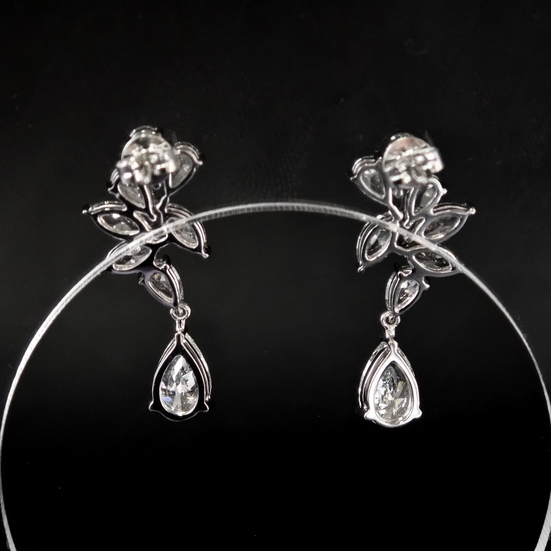Leaf Inspired Multi Pear Cut &amp; Marquise Cut Stone Cluster Man Made Diamond Drop Earring back view
