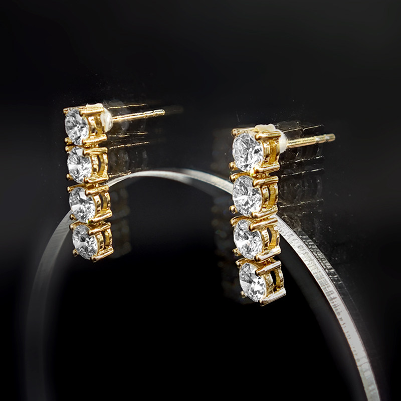 Linear Shaped Four Round Cut Dual Layer Open Gallery Diamond Stud Earring