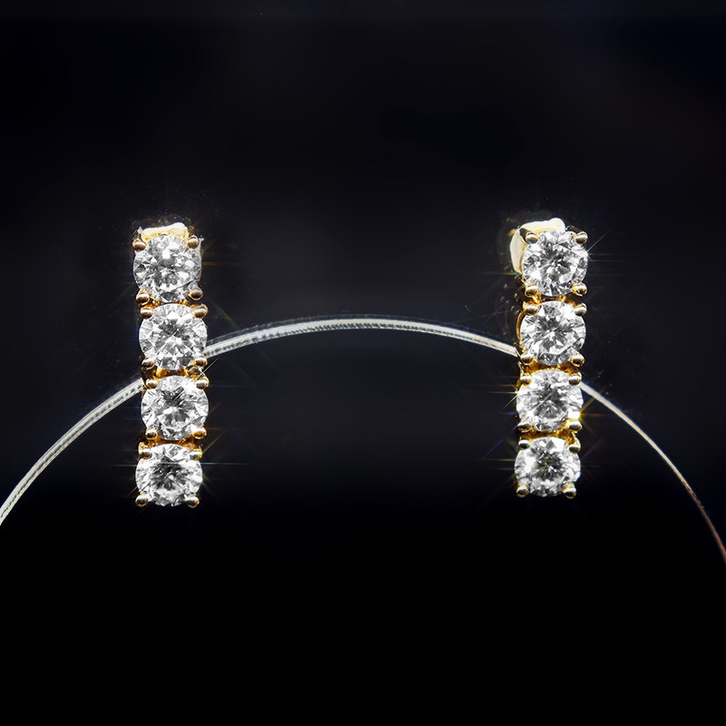 Linear Shaped Four Round Cut Dual Layer Open Gallery Diamond Stud Earring front view