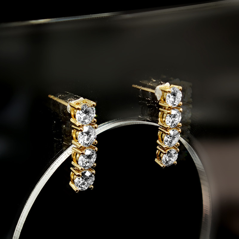 Linear Shaped Four Round Cut Dual Layer Open Gallery Diamond Stud Earring side view