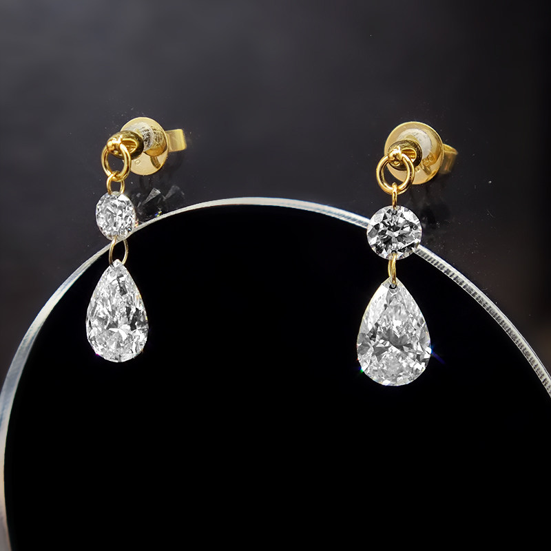 Classic Pierced Pear Cut Stone Drop Earring With Pierced Side Stone &amp; Yellow Gold Stud