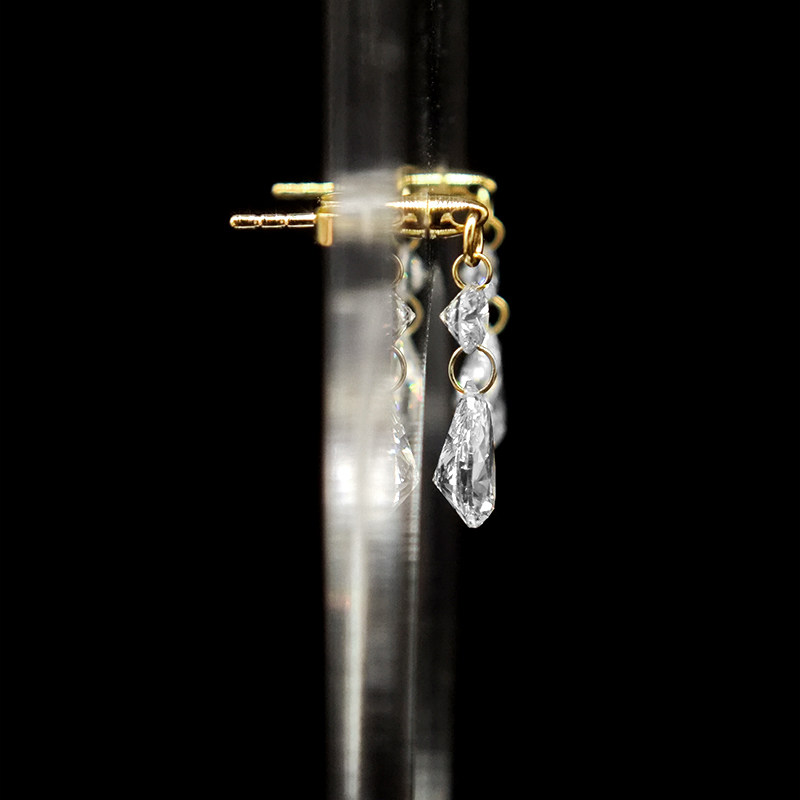 Classic Pierced Pear Cut Stone Drop Earring With Pierced Side Stone &amp; Yellow Gold Stud left view
