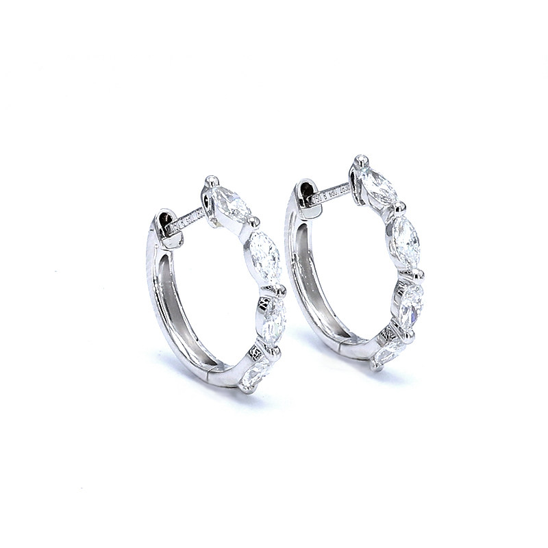 4 Marquise Stone Horizontal Set White Gold Leverback Huggie Earrings close up