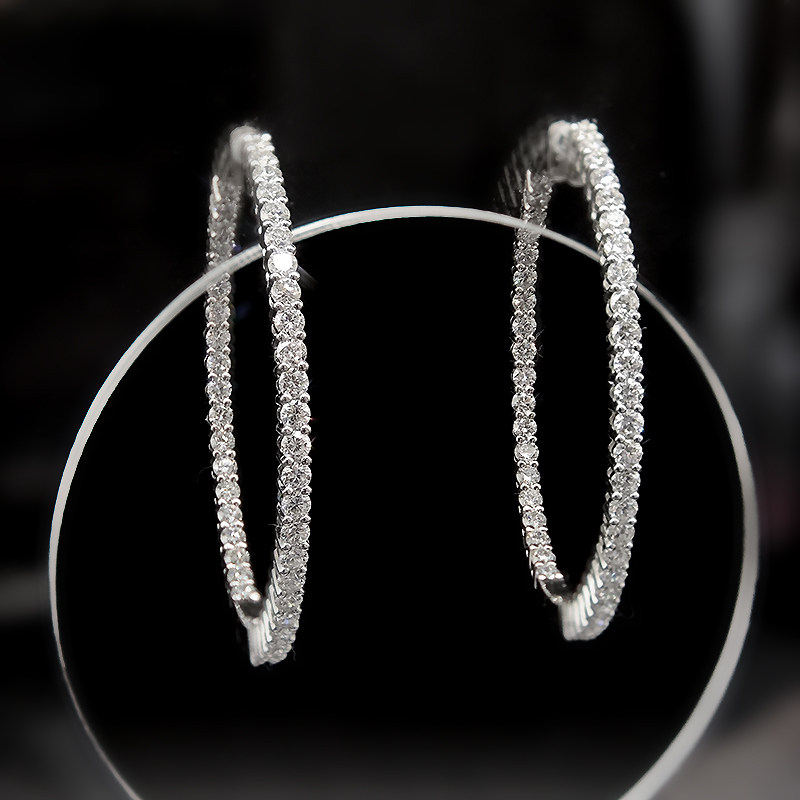 Full Eternity Dual Layer Open Gallery Lab Diamond Slim White Gold Hoop Earrings close up