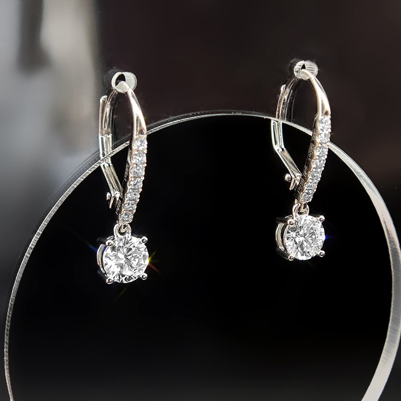 Round Stone Open Gallery Drop Earrings With Half Pave Leverback in White Gold close-up