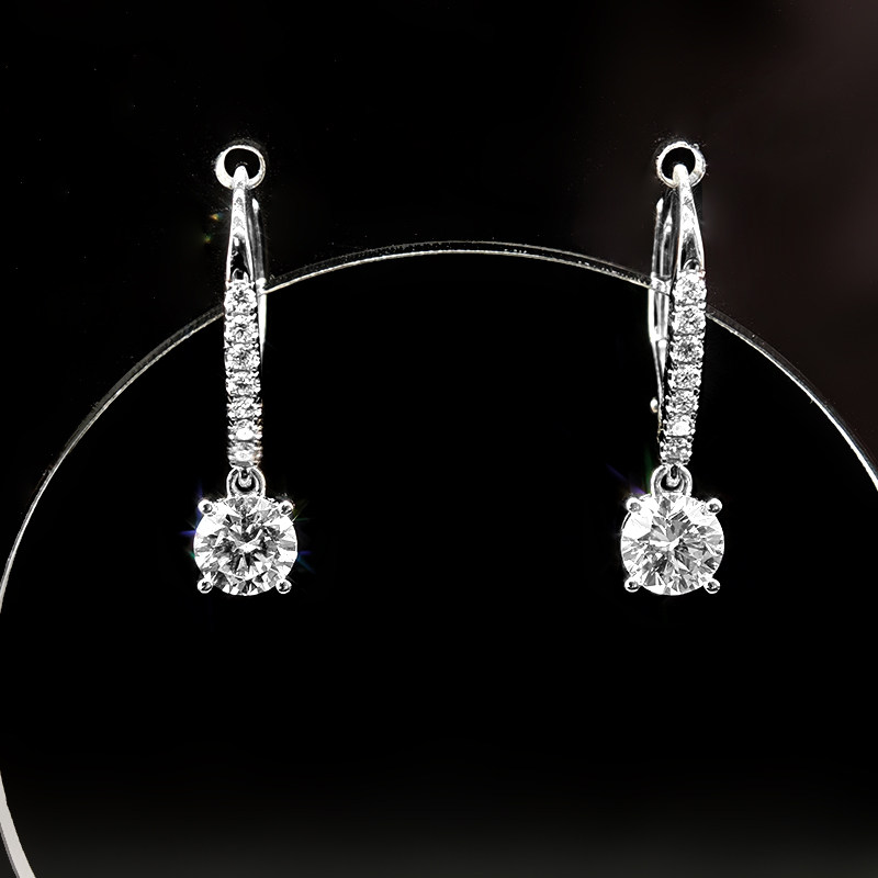 Round Stone Open Gallery Drop Earrings With Half Pave Leverback in White Gold front view