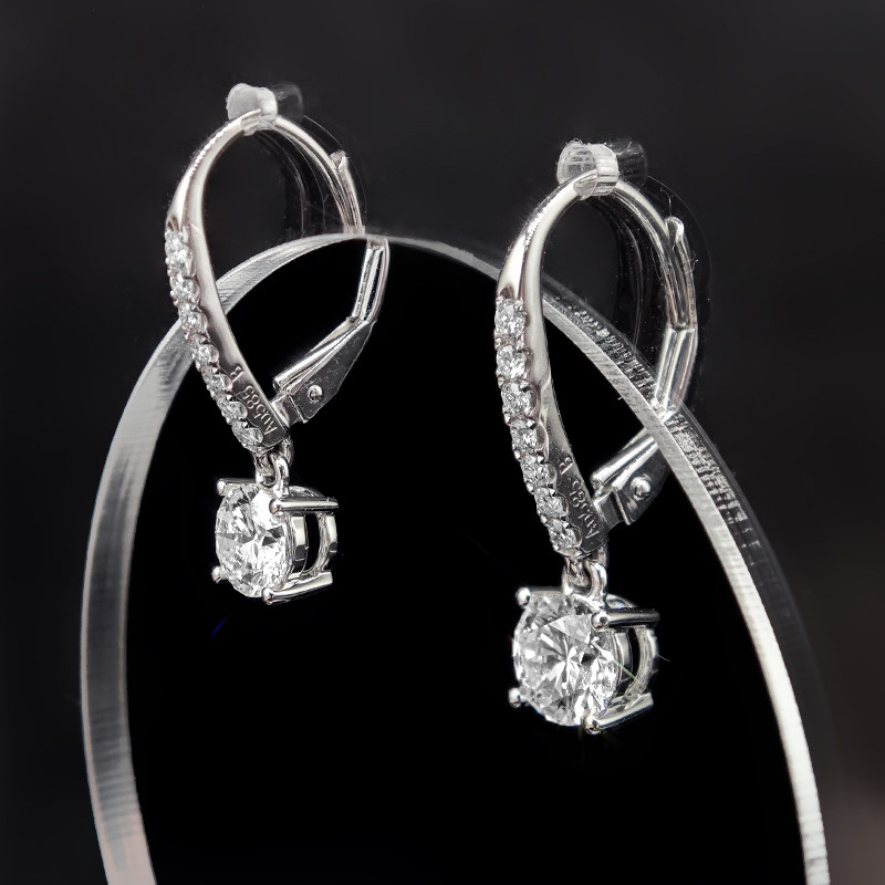 Round Stone Open Gallery Drop Earrings With Half Pave Leverback in White Gold side view