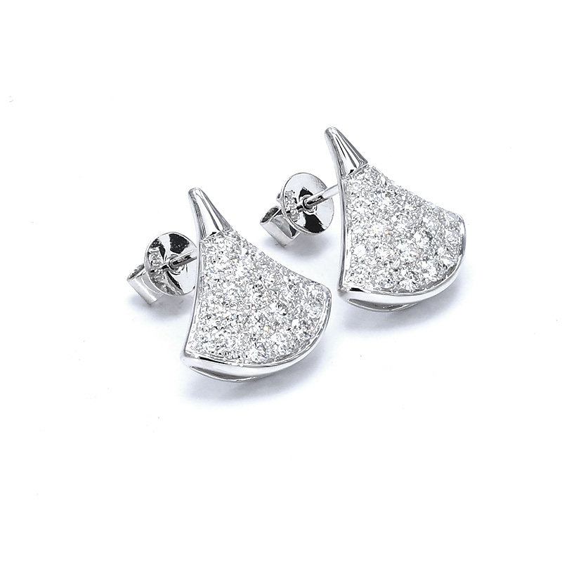 Unfolded Skirt Inspired Full Pave Lab Diamond White Gold Stud Earring close up