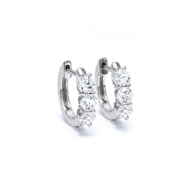 3 Stone Dual Open Layer Gallery Cultivated Diamond White Gold Leverback Huggie front view
