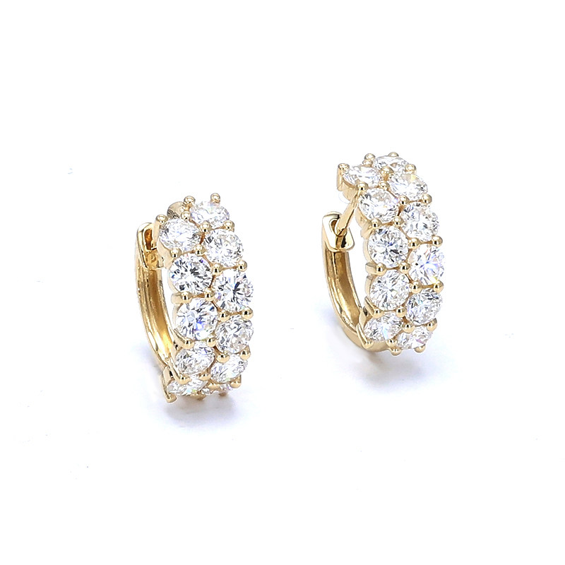 Double Row Half Pave Lab Cultured Diamond Yellow Gold Huggie Earring front view