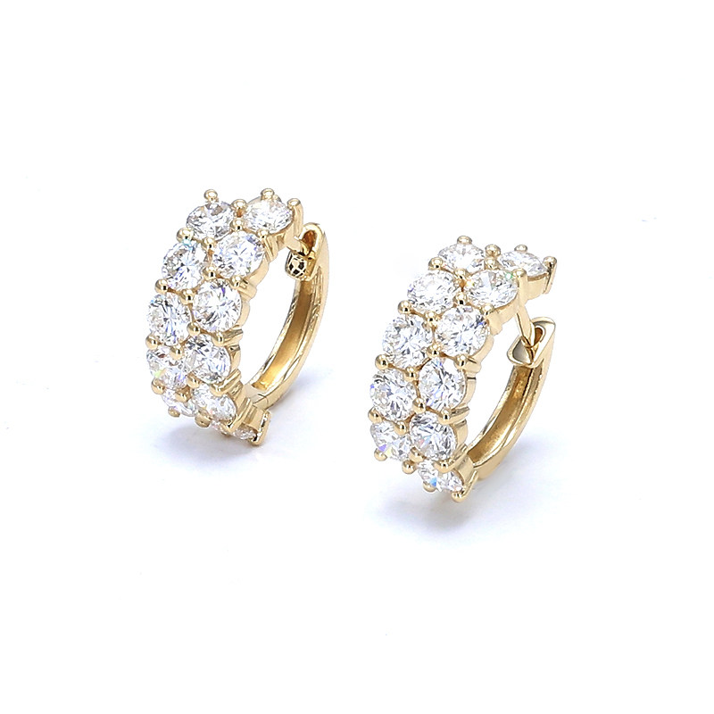 Double Row Half Pave Lab Cultured Diamond Yellow Gold Huggie Earring side view