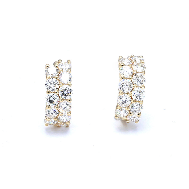 Double Row Half Pave Lab Cultured Diamond Yellow Gold Huggie Earring in blank background