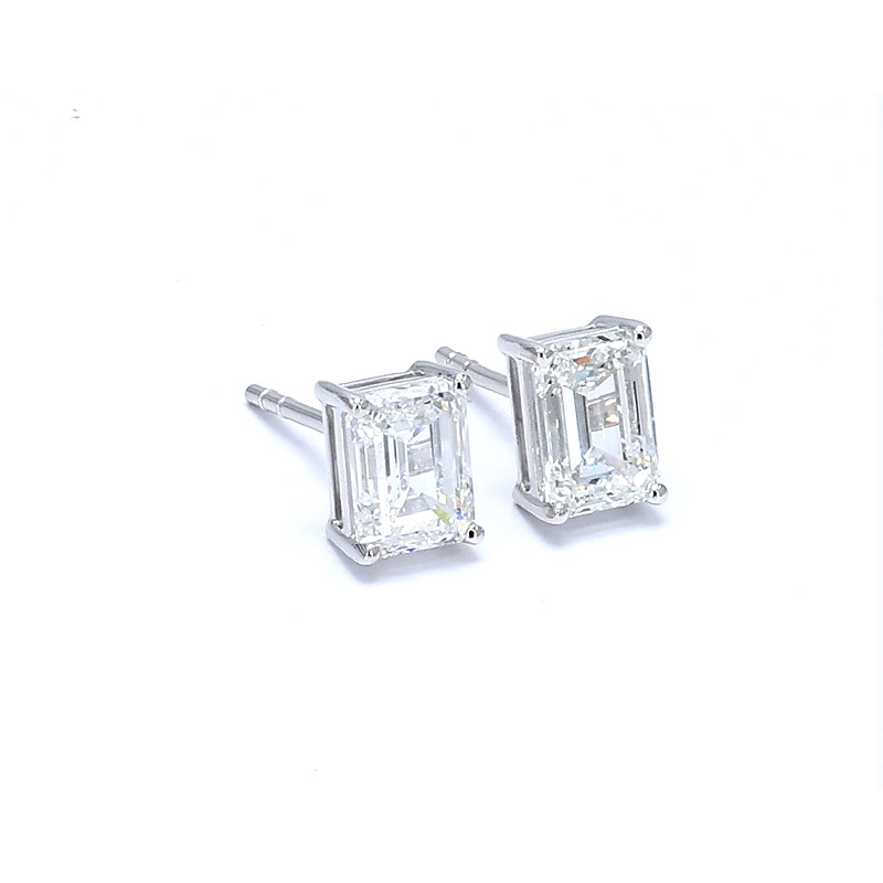 Solitaire Emerald Cut Four Prong Dual Layer Open Gallery Lab Diamond Stud