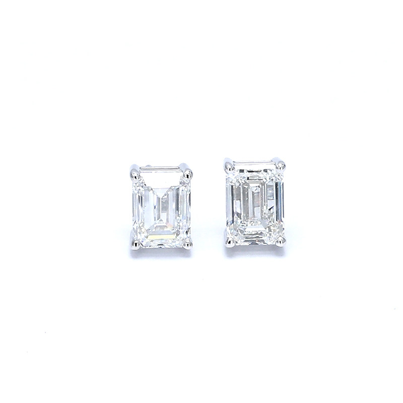Solitaire Emerald Cut Four Prong Dual Layer Open Gallery Lab Diamond Stud front view