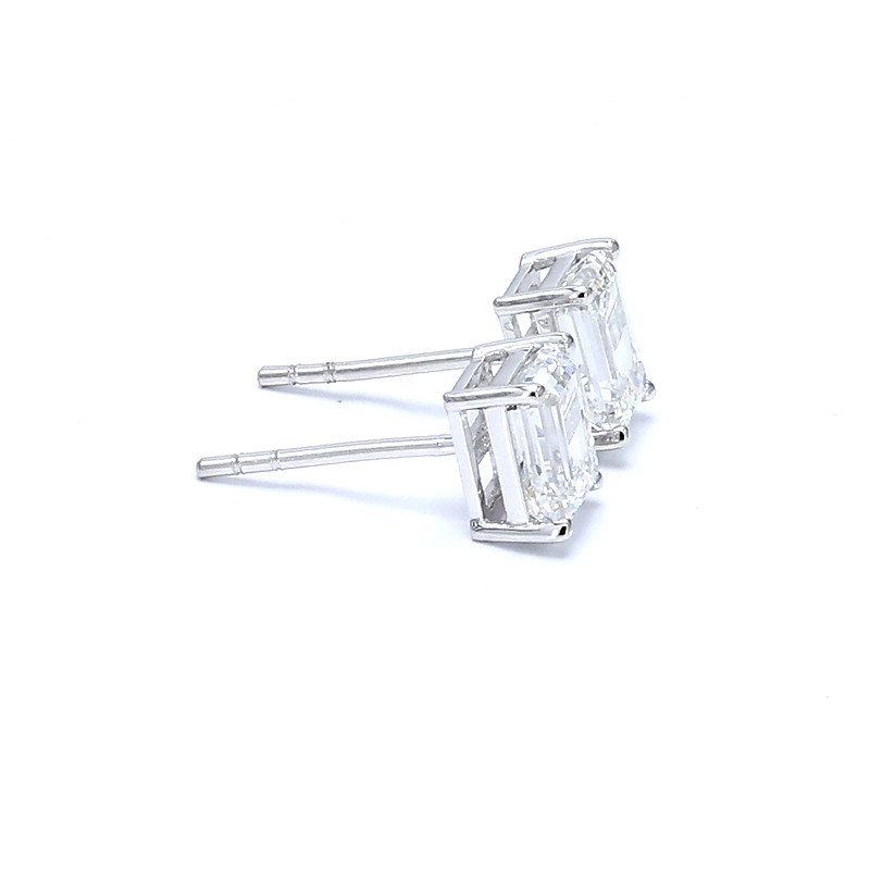 Solitaire Emerald Cut Four Prong Dual Layer Open Gallery Lab Diamond Stud side view