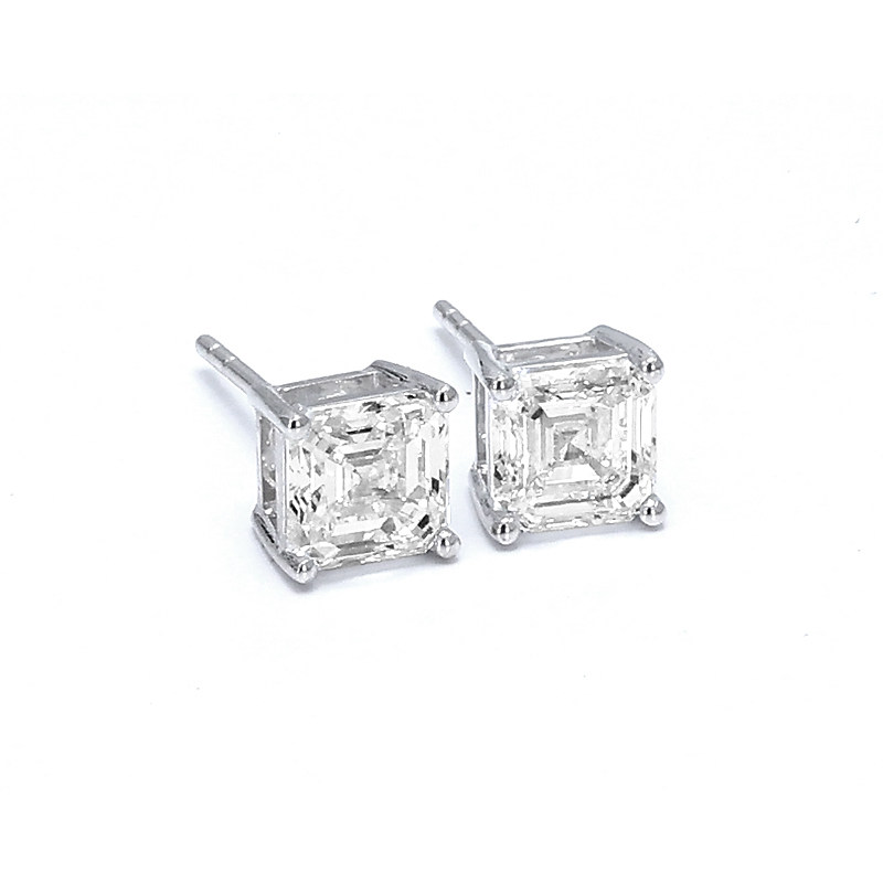 Classic 4 Prong Asscher Cut Solitaire Man Made Diamond Platinum Stud Earring