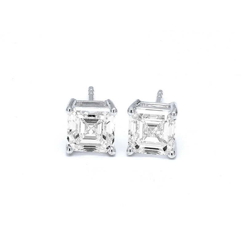 Classic 4 Prong Asscher Cut Solitaire Man Made Diamond Platinum Stud Earring front view