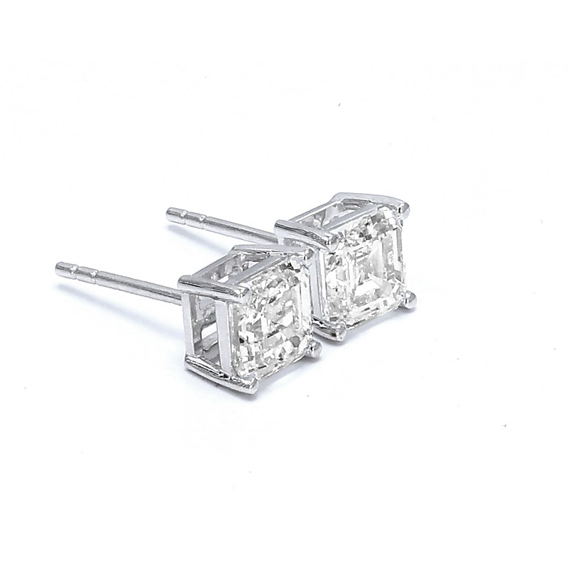 Classic 4 Prong Asscher Cut Solitaire Man Made Diamond Platinum Stud Earring side view