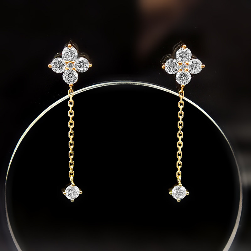 Four Leaf Clover Stud &amp; Long Chain Drop 4 Prong Lab Diamond Earrings