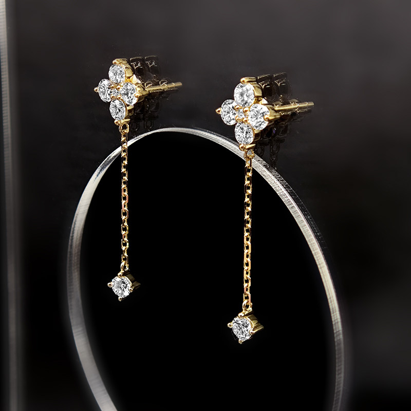 Four Leaf Clover Stud &amp; Long Chain Drop 4 Prong Lab Diamond Earrings side view