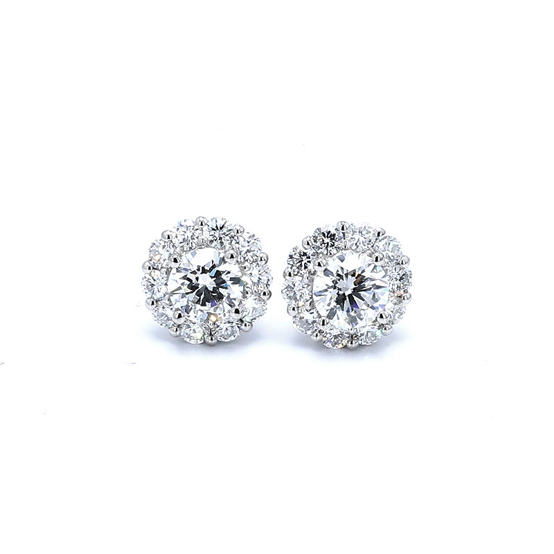 Bud Head Round Cut Halo Open Gallery Lab Grown Diamond Stud Earrings front view