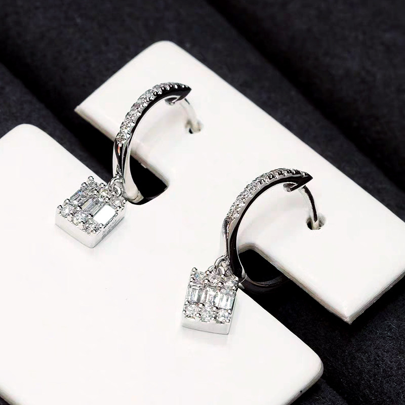 Pave Half Hoop Drop Earrings with Baguette Square Cluster Dangle