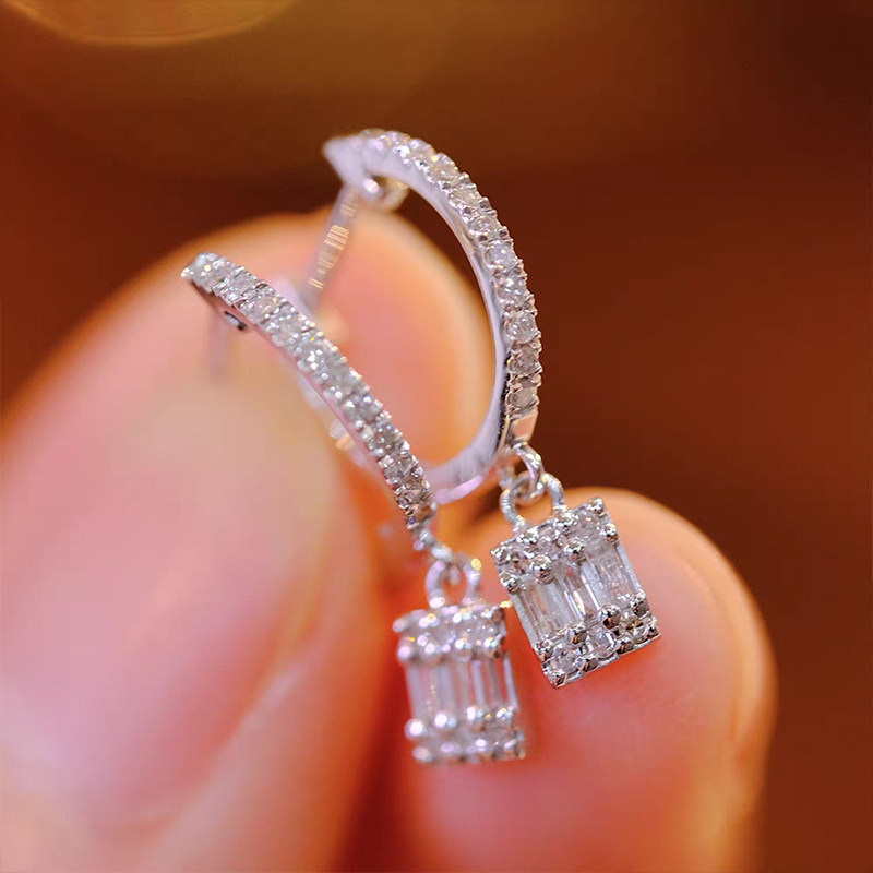 Pave Half Hoop Drop Earrings with Baguette Square Cluster Dangle In hand
