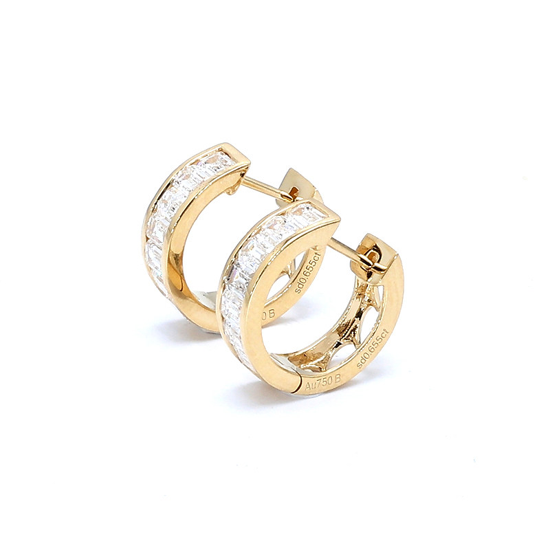Half Channel Pave Emerald Cut Stone Two Section Leverback Hoop Earrings close up