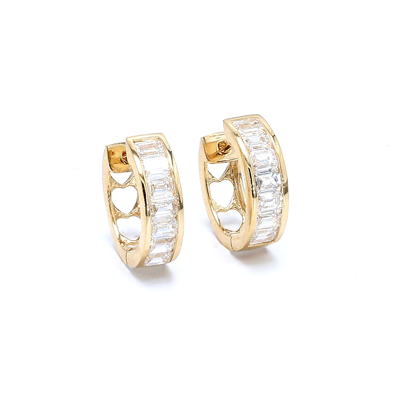 Half Channel Pave Emerald Cut Stone Two Section Leverback Hoop Earrings front view