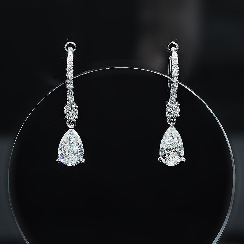 3 Prong Pear Cut Dual Layer Open Gallery Diamond Drop With Half Pave French Hook