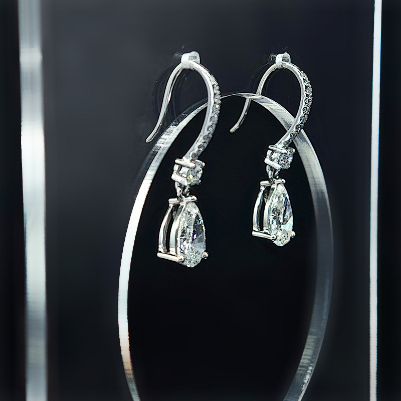 3 Prong Pear Cut Dual Layer Open Gallery Diamond Drop With Half Pave French Hook side view