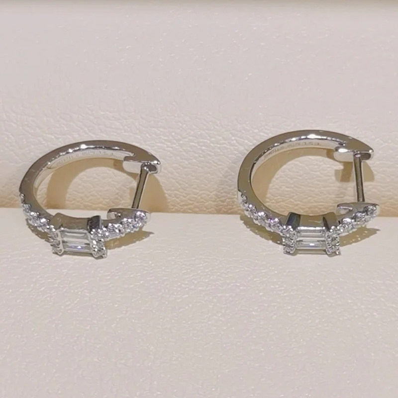 White Gold Baguette Stone & Half Pave Synthetic Diamond Huggie Earring