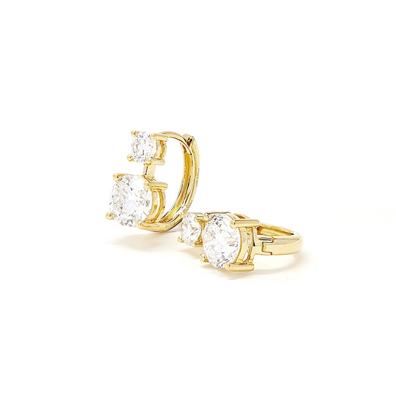 You &amp; Me Two Stone Dual Layer Open Gallery Yellow Gold Leverback Hoop close up