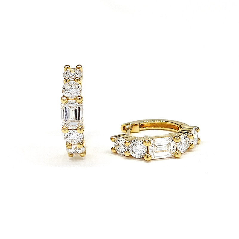 5 Stone Emerald &amp; Round Cut Lab Cultured Diamond Yellow Gold Hoops front view