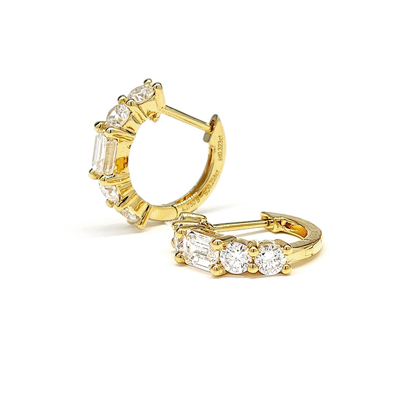 5 Stone Emerald &amp; Round Cut Lab Cultured Diamond Yellow Gold Hoops close up